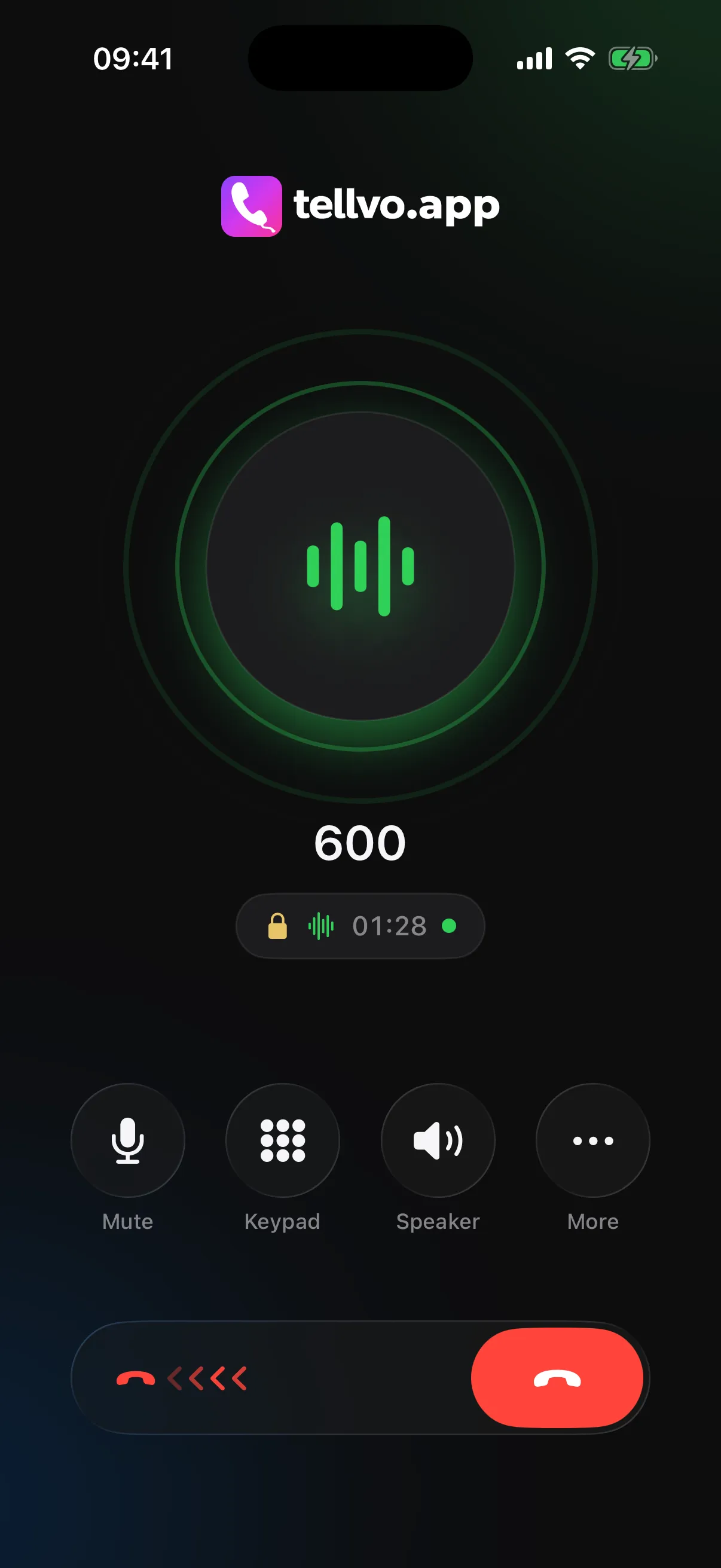 A call in progress in Tellvo.app: encrypted, HD voice, with the timer