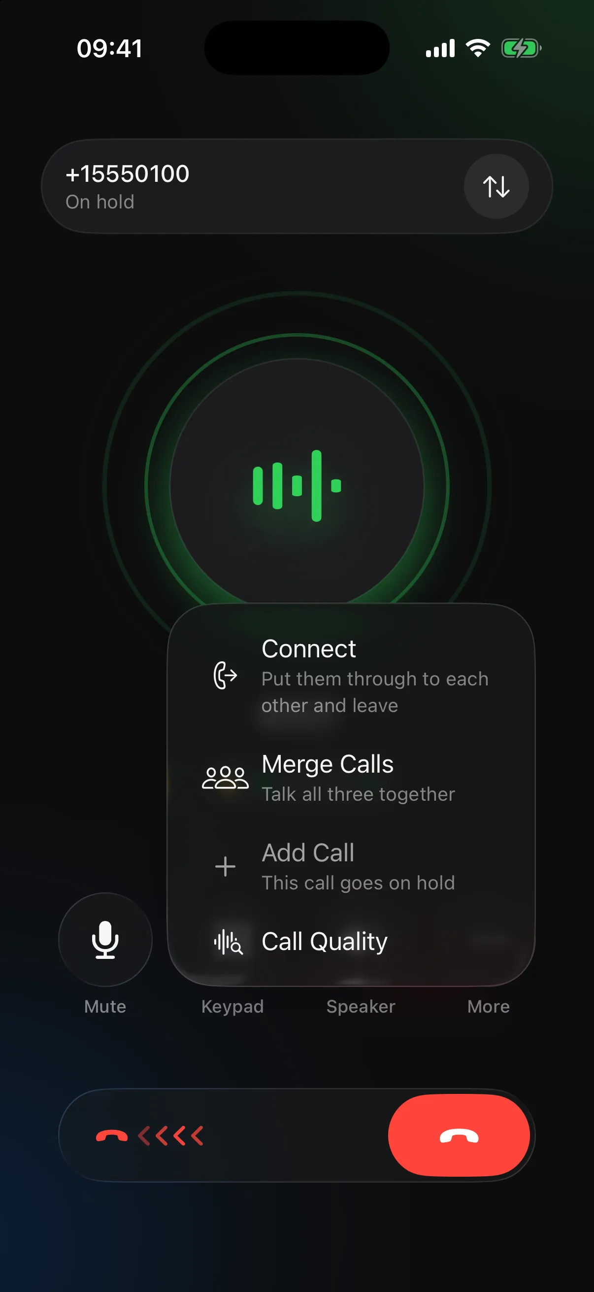 Two calls in Tellvo.app, one on hold, with the menu: Connect, Merge Calls, Add Call, Call Quality