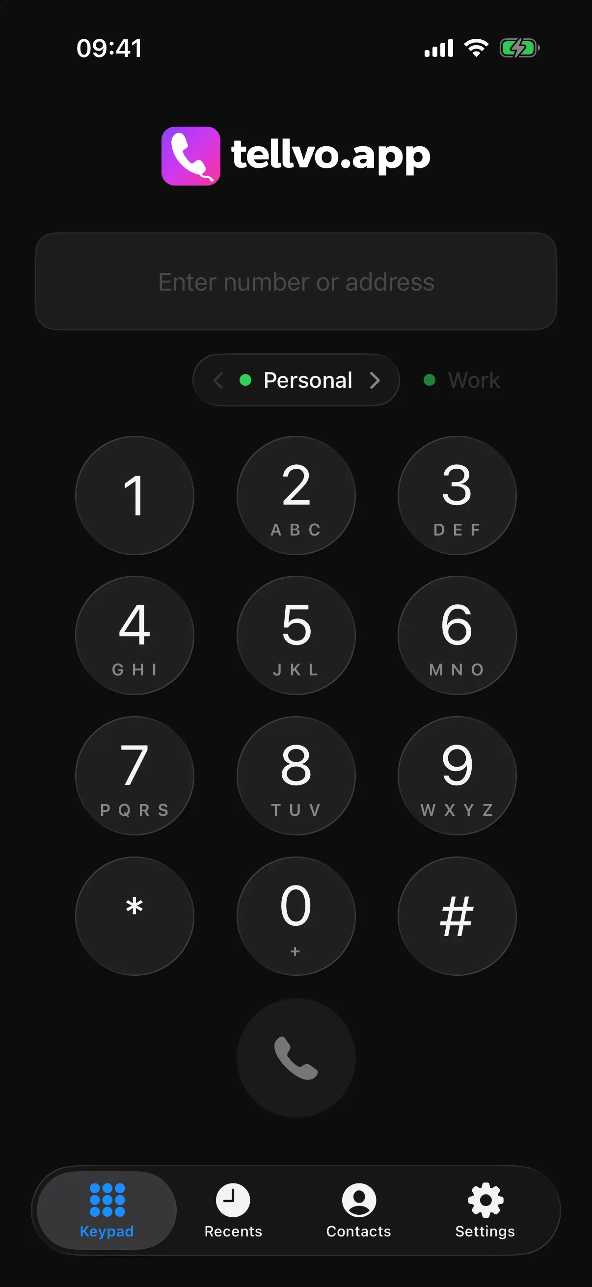 The Tellvo.app keypad with the Personal and Work lines online